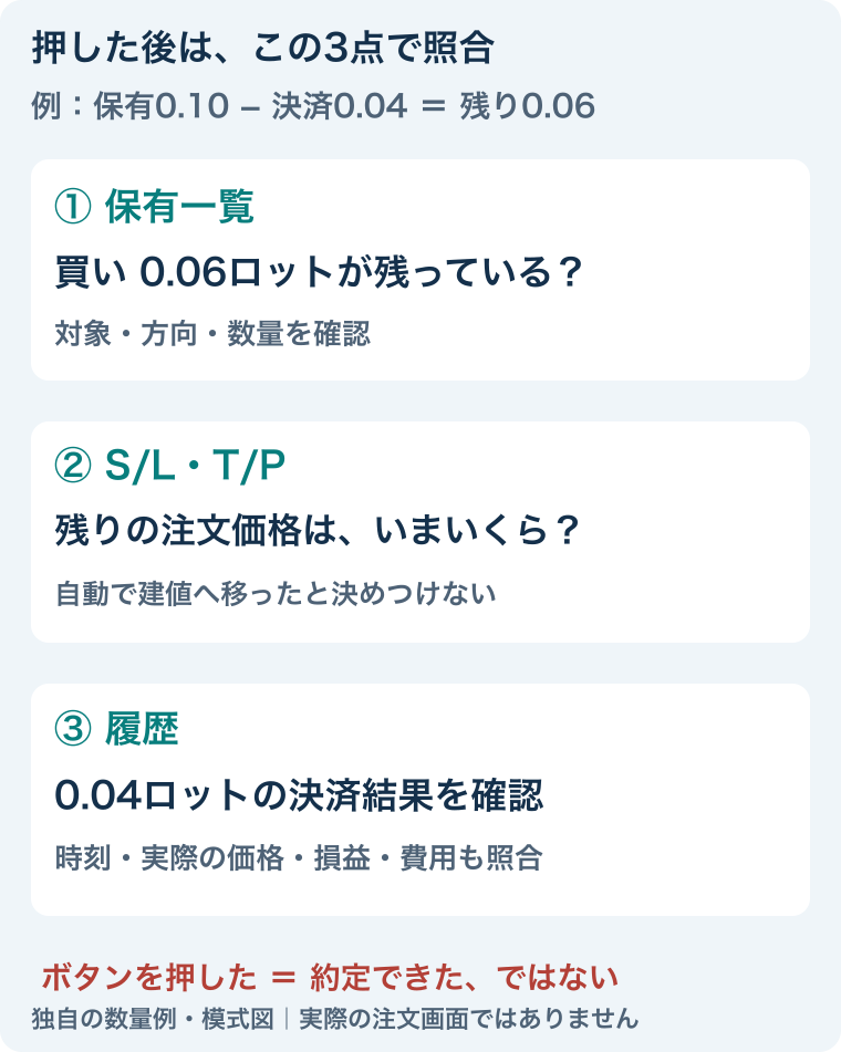 部分決済後の確認3点。保有一覧の買い0.06、残ポジションのS/LとT/P、履歴の0.04の決済結果・価格・費用を照合。