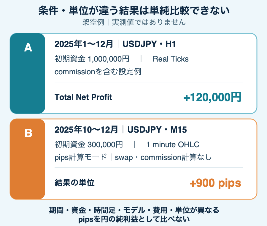 2つの架空テストは期間・初期資金・時間足・モデル・費用に加え、円とpipsの表示単位も異なり、そのまま比較できないことを示す表風図。