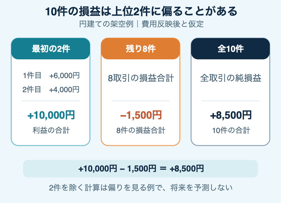 10件の架空取引で最初の2つの利益10000円が合計純利益8500円を超え、残り8件はマイナス1500円となる偏りを図示。