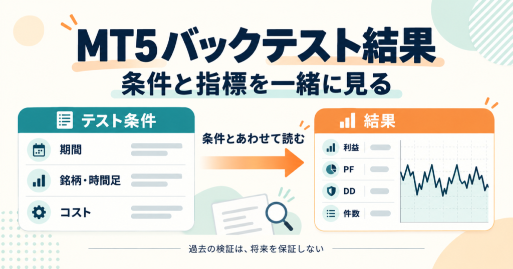 MT5バックテスト結果を条件、データ品質、指標、曲線、Journal、Forwardの順に確認する。