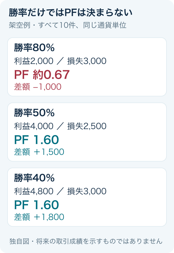 架空の例Bは勝率80パーセントでもPF約0.67で純損失。例Cは勝率40パーセントでPF1.60。勝率とPFは異なる指標。