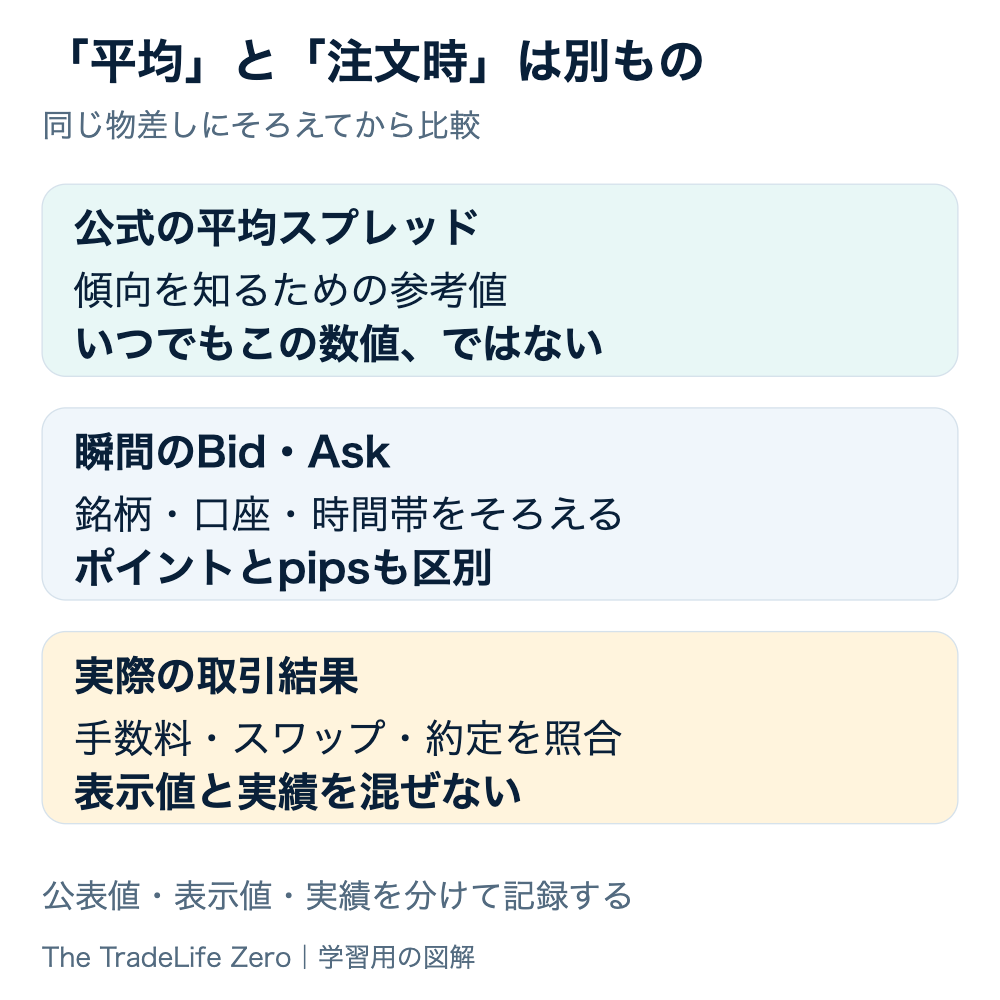 公表平均スプレッド、注文時のBid・Ask、実際の取引結果を区別して比較する図。